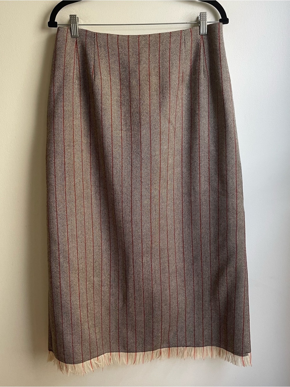 Vintage Harve Benard Wool Brown Herringbone Midi Skirt Fringe Preppy Size 14 31"